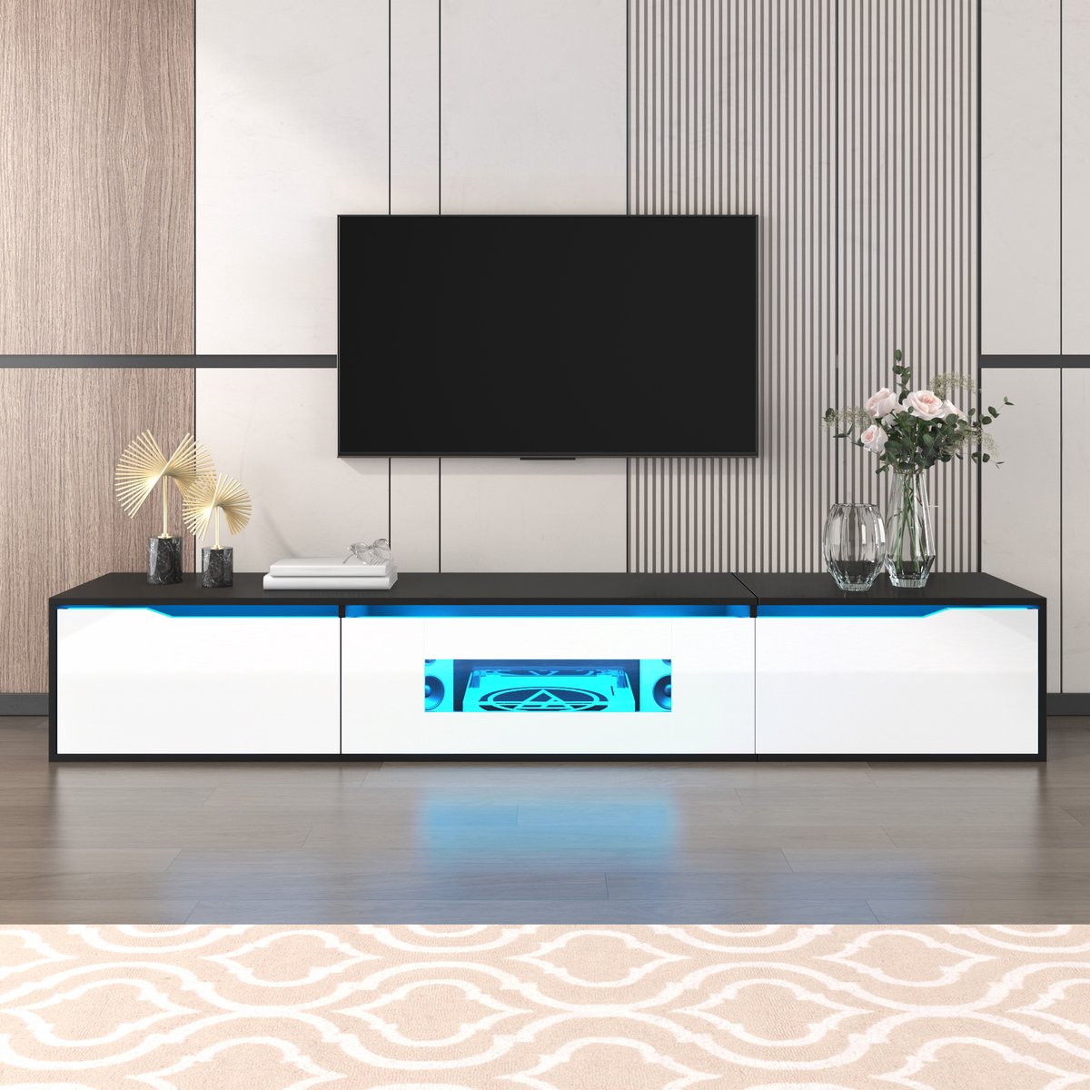 PHOEBE CAT TV-kast - 180 cm - Hoogglans - LED-verlichting - USB-poorten - Zwart + Wit