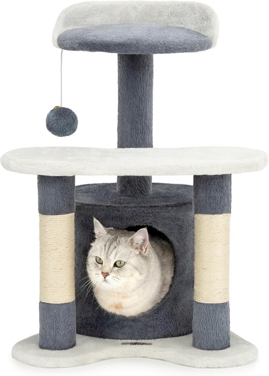 Stevige Krabpaal 65 cm Grijs/Wit met Pluche Bal, Hol en Mand - Ideaal voor Kleine en Grote Katten