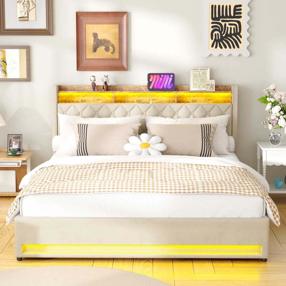 STILVORA Opbergbed 180×200 - Gestoffeerd Bed Met LED Verlichting En USB Aansluiting - Fluweel Beige
