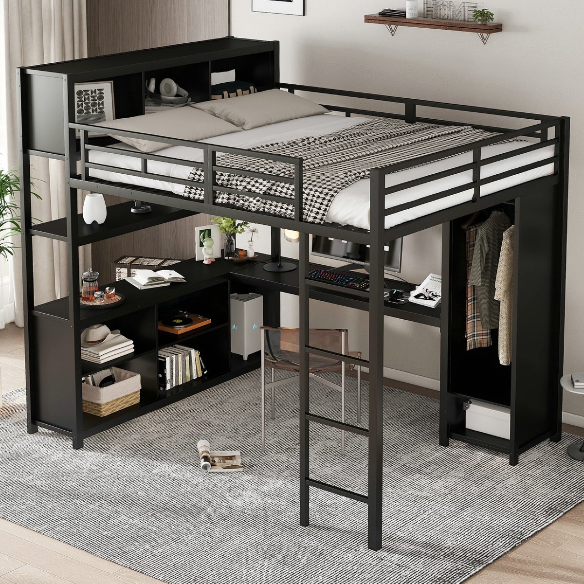 VVBV Hoogslaper 140x200 cm - Met Bureau en Kast - Metalen Bed met Opbergruimte - Zwart