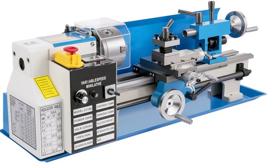 Mini-metaaldraaibank met variabele snelheid in blauw en wit, met een 3-klauwplaat en indicatorbord.