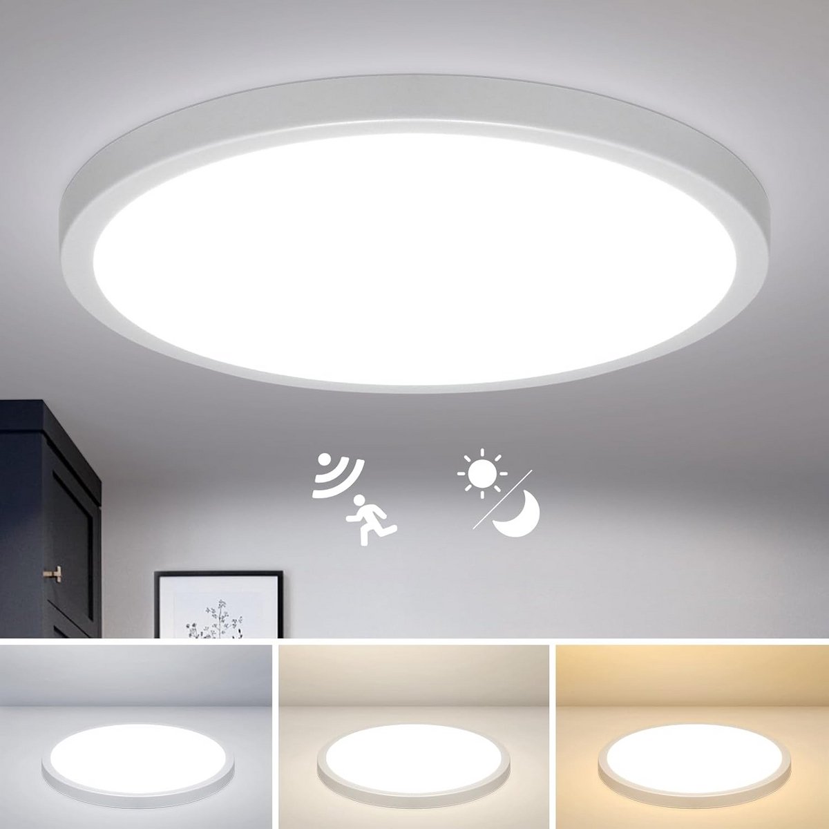 Ronde LED Plafondlamp met Radar Bewegingssensor en Schemersensor - Drie Kleurtemperaturen