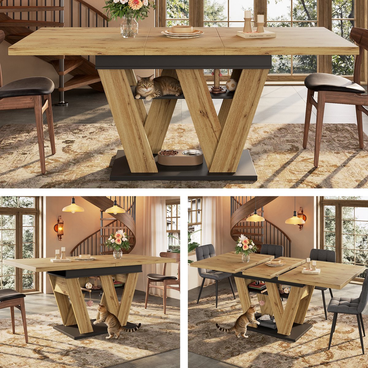 Uitschuifbare eettafel 119-158,5x80 cm - tafel - keukentafel - voor keuken en woonkamer - houtkleur - W-vormige tafelpoten