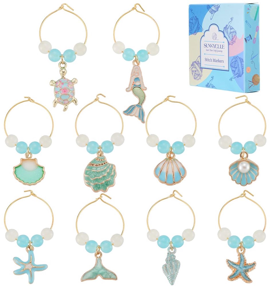 SUNNYCLUE 1 Doos 20 stuks 10 Stijlen Zee Wijn Glas Charms Oceaan Wijn Charms Blauwe Kralen Emaille Zomer Strand Hawaii Schildpad Shell Identifier Dranken Tags voor Stam Bril Markers Bruiloft Party