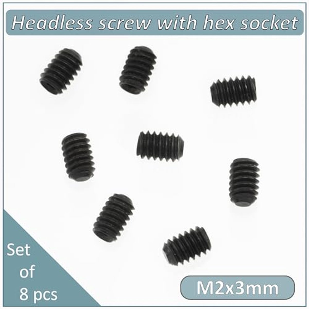 set met 8 stelschroeven M2x3mm met platte punt - zeskantige aandrijving HEX 0.9 met 6 holle randen - staal - kleur zwart