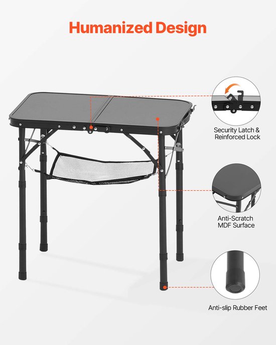 Opvouwbare kampeertafel, in hoogte verstelbare draagbare bijzettafel, aluminium MDF-buitentafel met gaasplank, draaggreep, lichtgewicht en compact voor picknicks, barbecues en koken, 61 x 41 cm, zwart — afbeelding 4