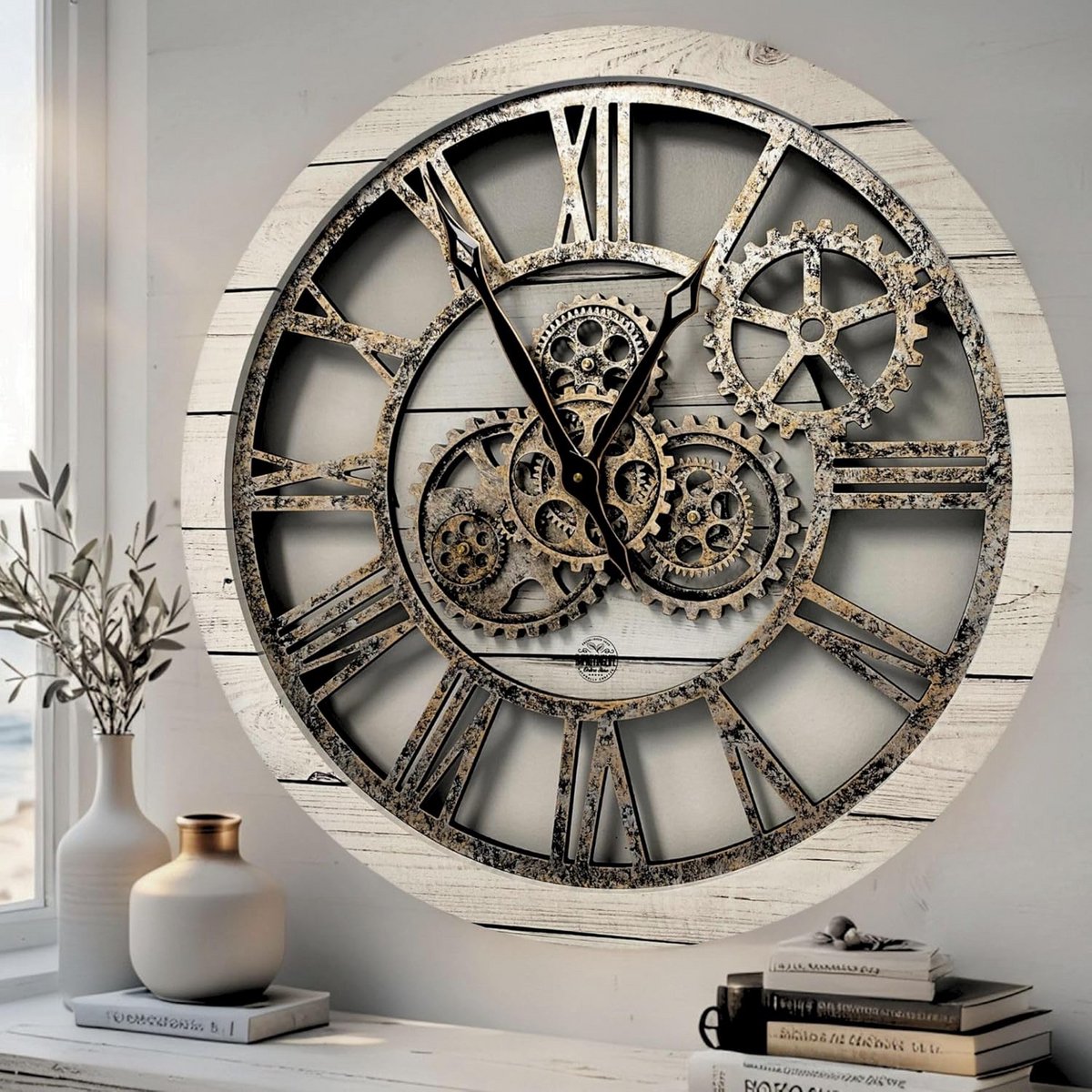 Grote Wandklok met Werkende Tandwielen 60cm Rustiek Industrieel Design