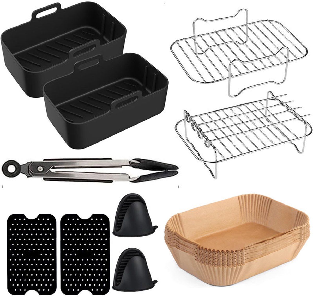 Airfryer set, dubbellaags mandje met handvat, bakplaat, 2 zwarte exemplaren
