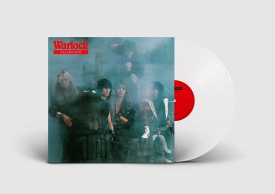 Warlock: Hellbound albumhoes met bandleden in een rokerige, donkere sfeer. De vinyl is wit met een rode label.