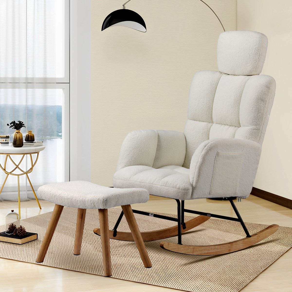 COMHOMA - Schommelstoel met Kruk - Oorfauteuil Teddypluche 150 kg - Beige