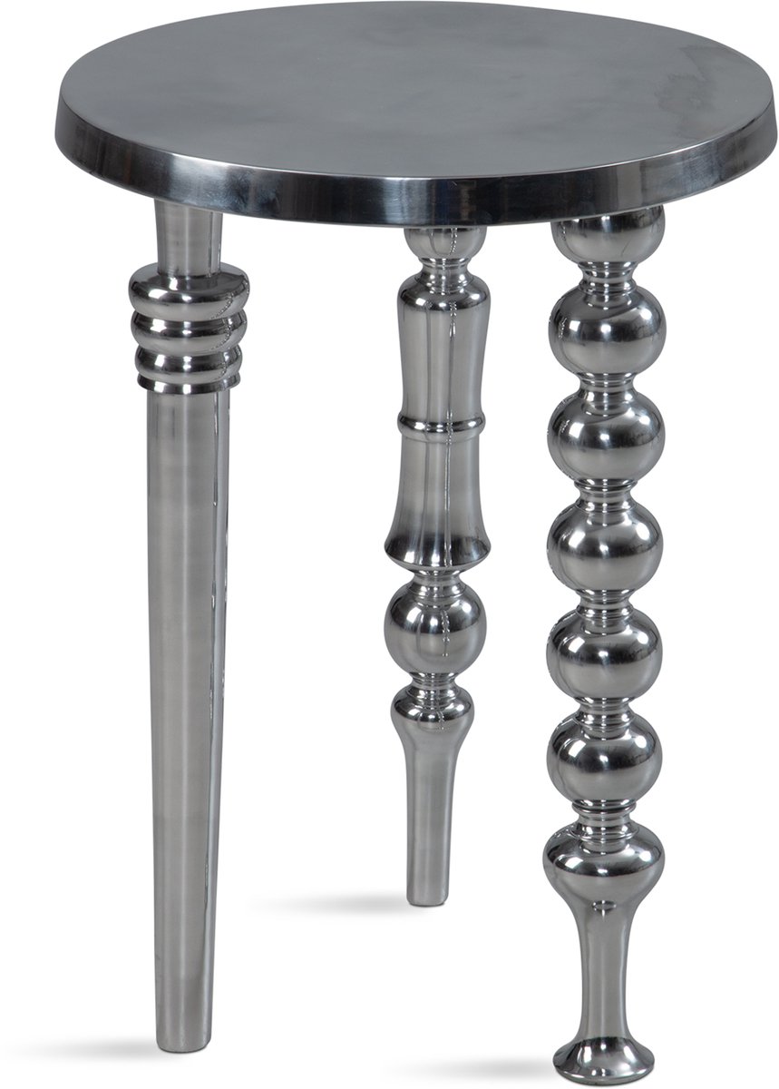 bijzettafel 44x44x63 cm aluminium met drie verschillende poten | Driepoot woonkamertafel metaal | Decoratieve tafel rond zilver | Moderne aluminium bijzettafel | Kleine tafel woonkamer