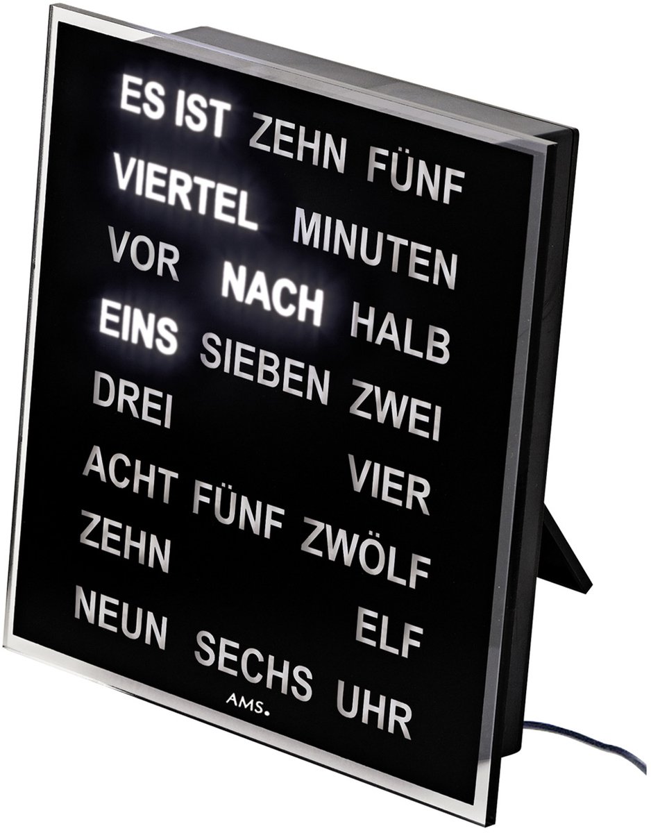 AMS Intertime | Woordklok | Wandklok | Tafelklok | 20x20 | Zwart| Duits Leer