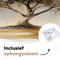 Close-up van een schilderij van een boom, met tekst 'Inclusief ophangsysteem'.