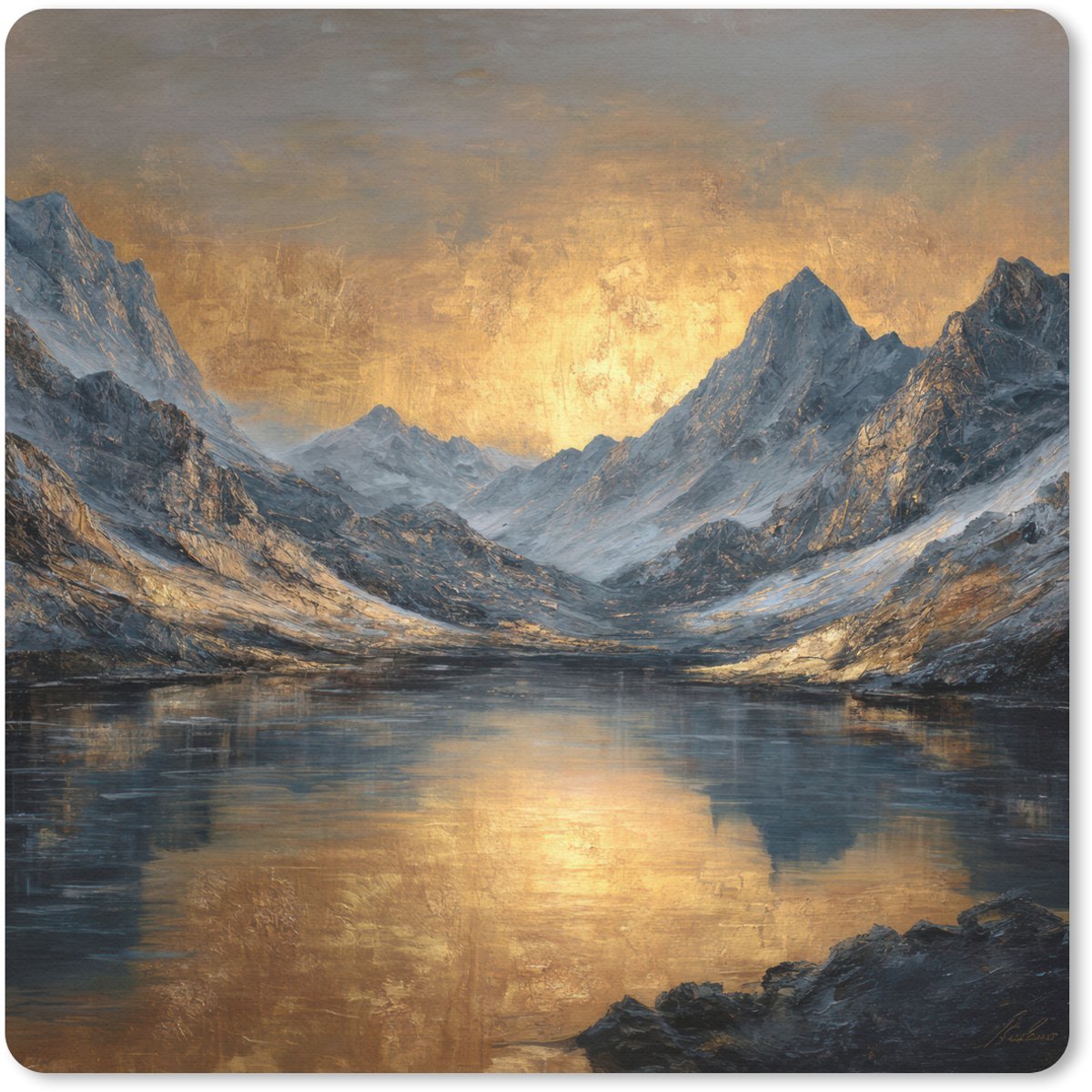 Muismat 30x30 cm - Mousepad Berglandschap met Gouden Zonsondergang - Muismatten