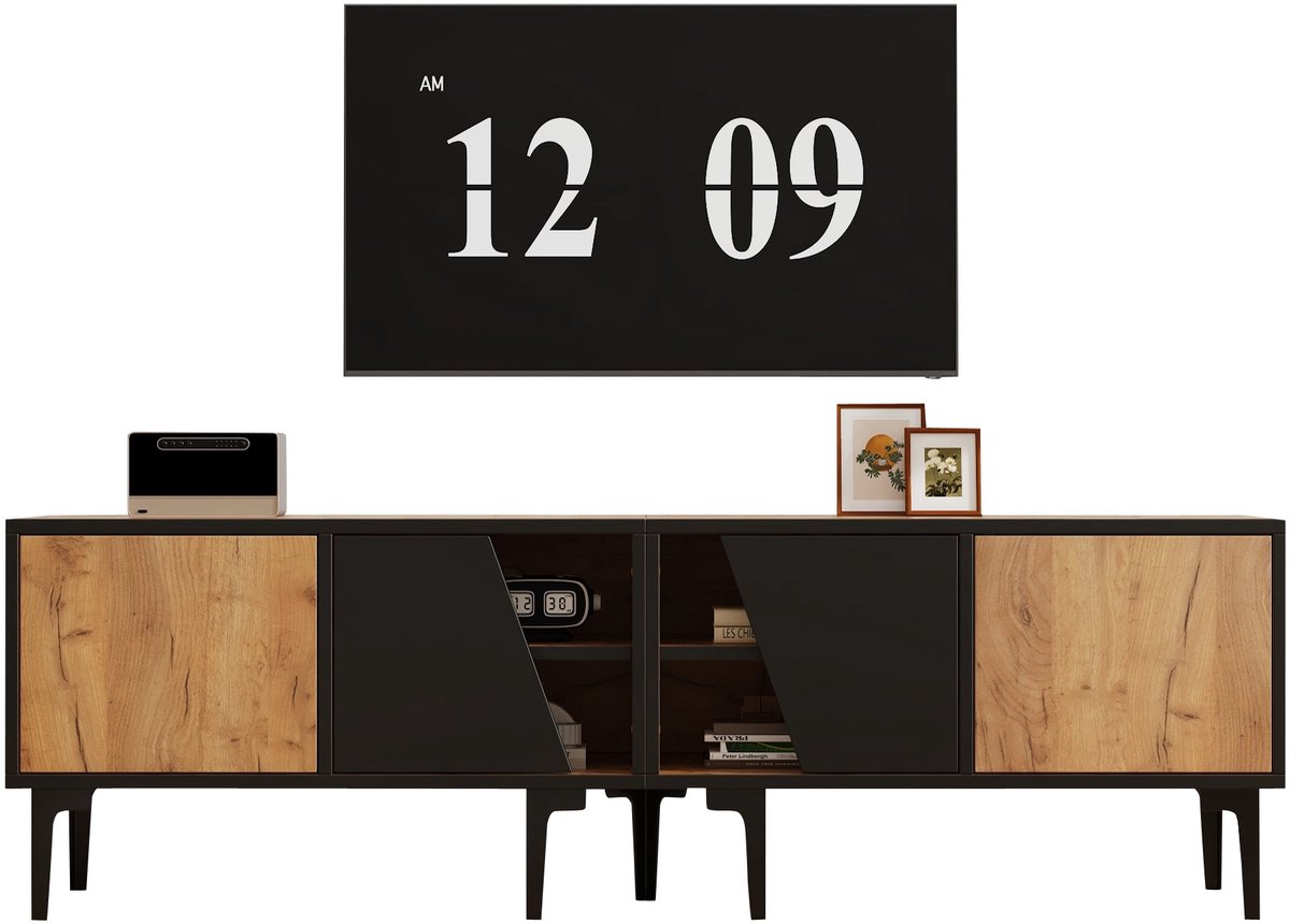 Merax Tv Meubel 160 Cm Natur Eikenlook Met Zwart - Televisiemeubel / Lowboard Met 4 Vakken En Diagonale Deuren - Tv Kast Met 7 Poten - 160 X 36,5 X 45 Cm - Geschikt Voor Tv Tot 65 Inch