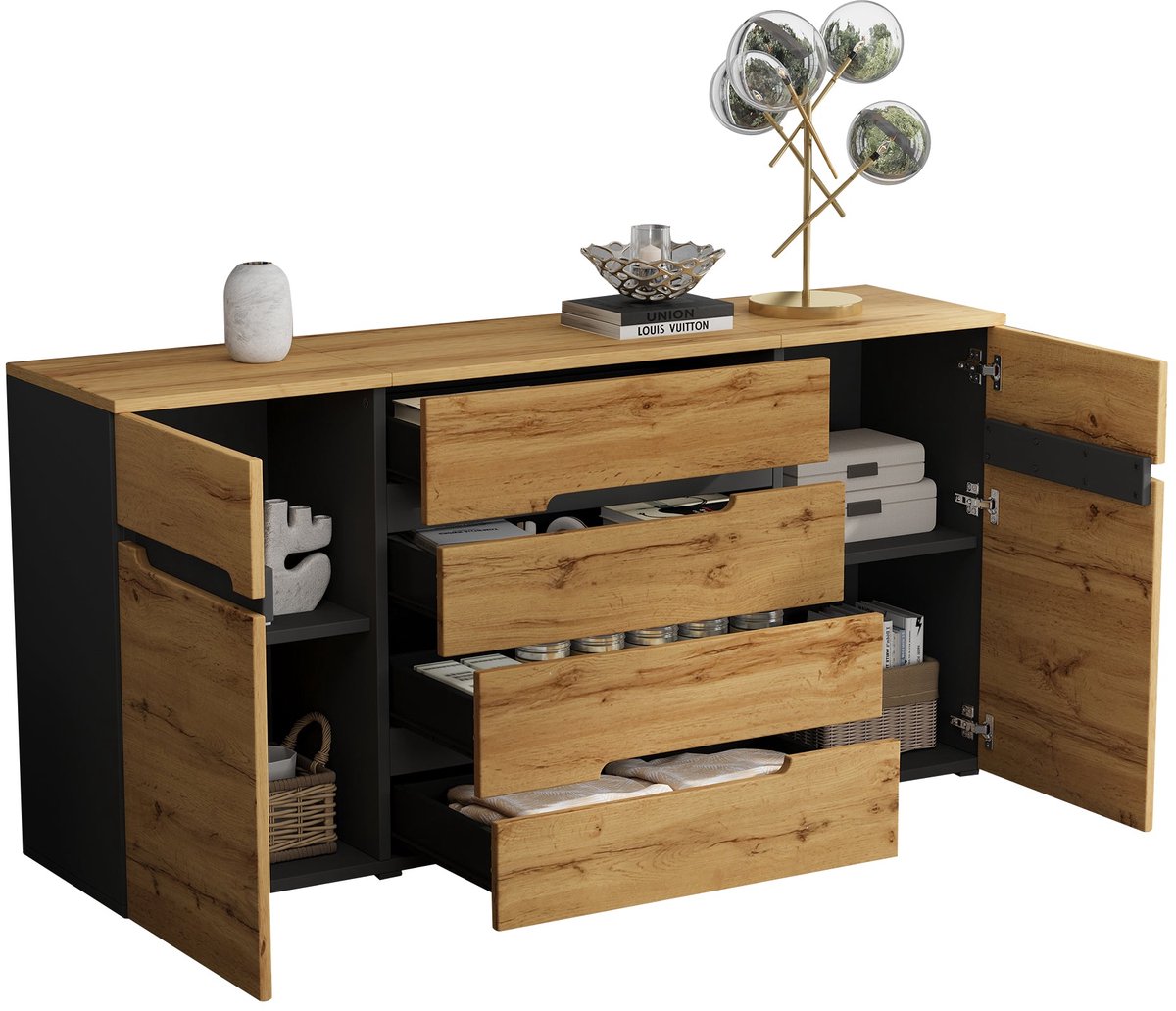 Merax Dressoir 160 X 40 X 80 Cm Met 2 Deuren En 4 Lades - Opbergkast Met Grote Oppervlakte - Kast Voor Woonkamer En Eetkamer - Houtkleur En Zwart