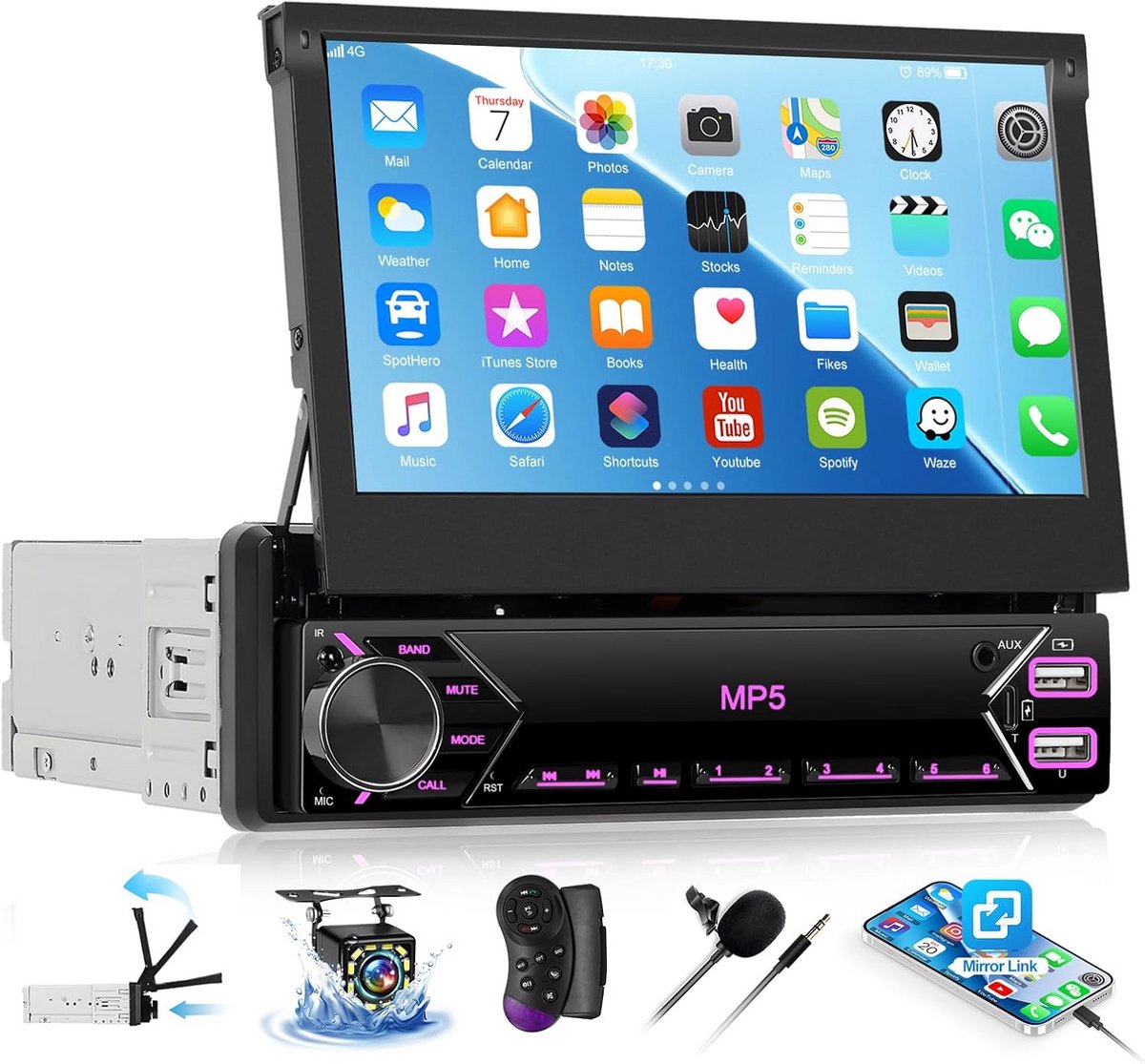 1 DIN Autoradio met Uitschuifbaar 7 Inch Touchscreen, Bluetooth, MirrorLink, MP3, FM Radio en Achteruitrijcamera