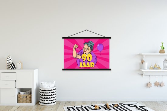 Porte-affiche avec affiche - Affiche scolaire - Anniversaire - Femme - 90 ans - 120x80 cm - Lattes noires