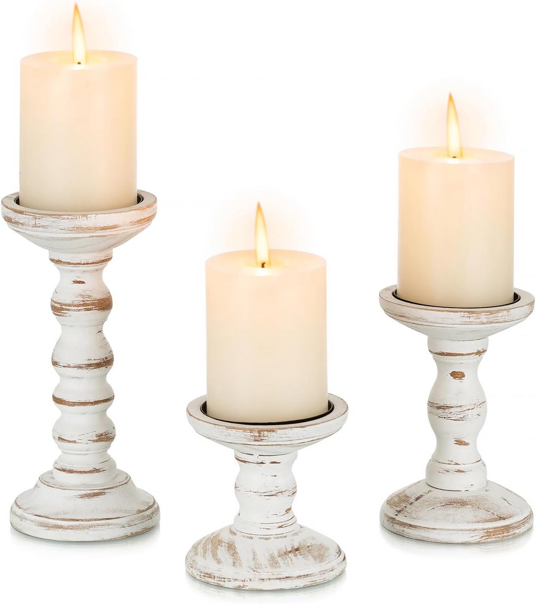 Set van 3 Houten Kandelaars voor Pijlerkaarsen - Rustieke Decoratie voor Tafel en Schoorst