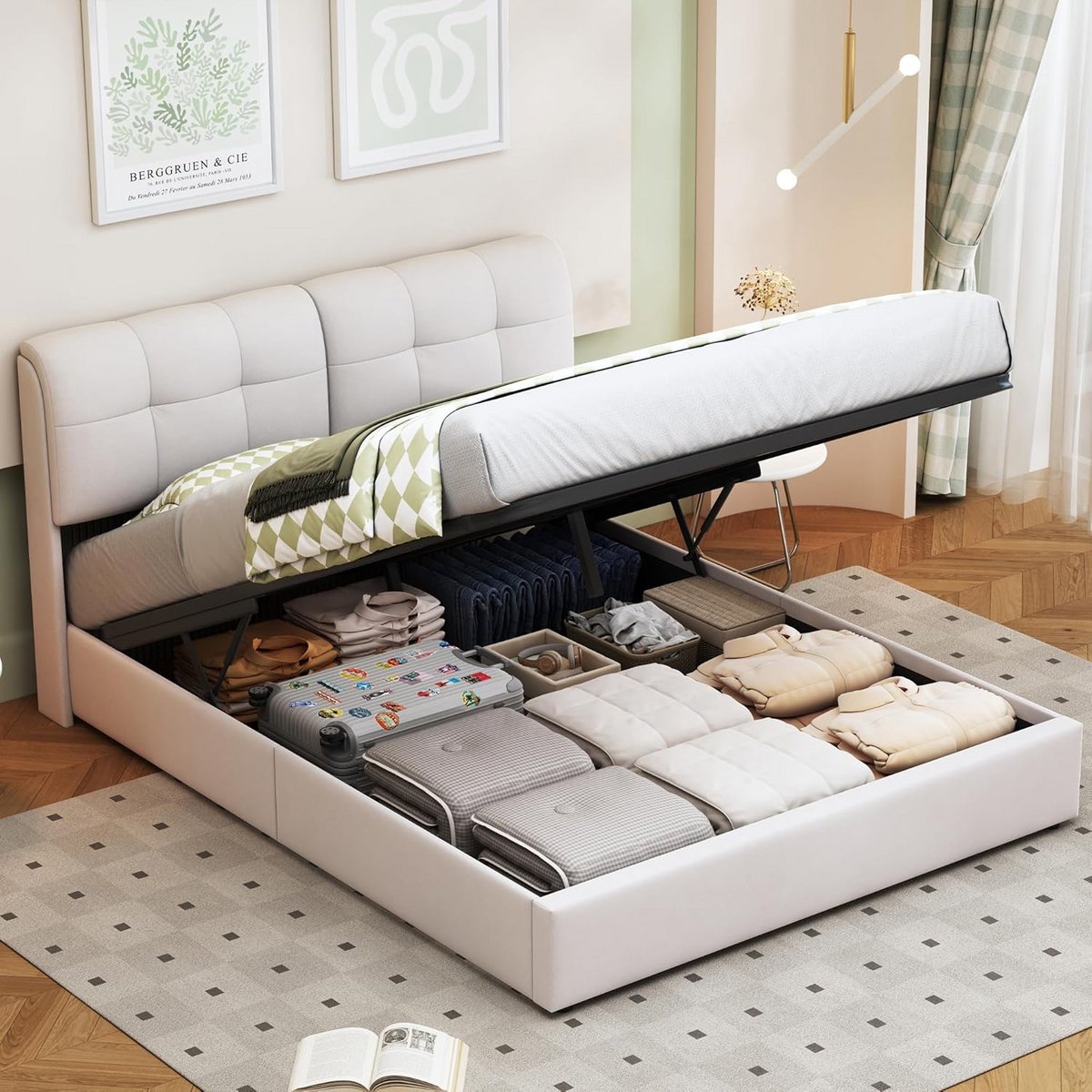 Gestoffeerd Tweepersoons Bed (160x200 cm) met Opbergruimte en LED Verlichting - Beige Fluweel