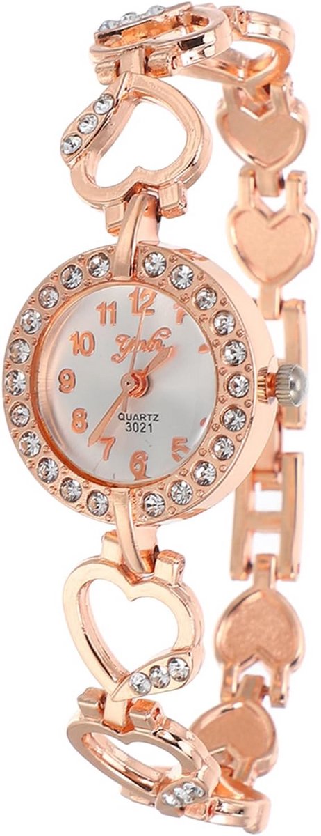 Dameshorloge Roségoud met Hartvormig Design en Strass - Analoog Kwarts Polshorloge