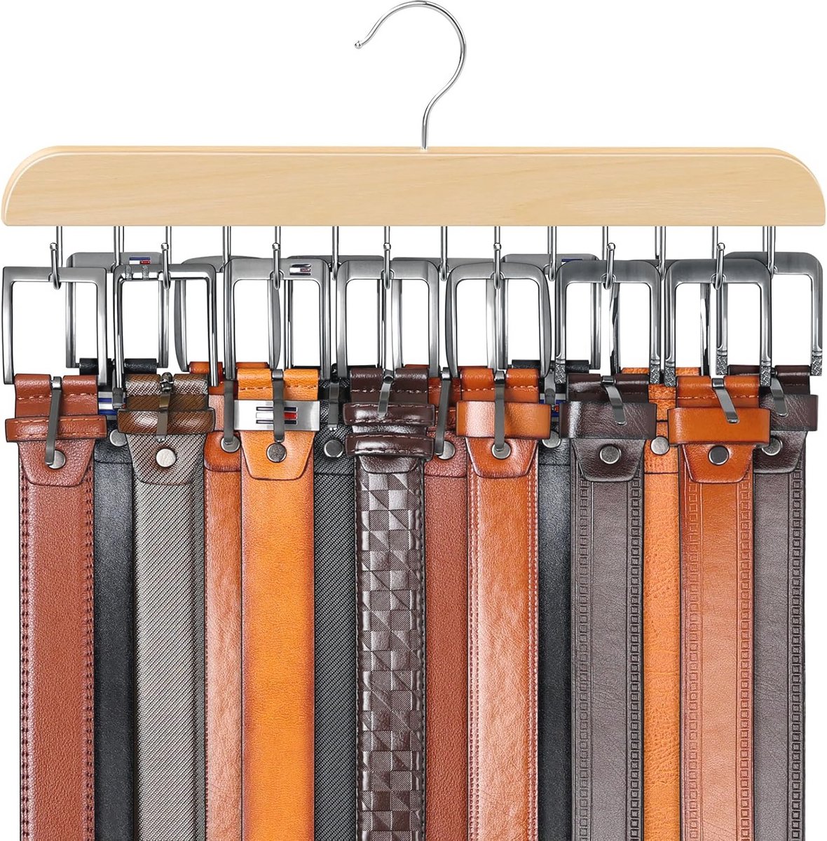 Houten riemhanger met 14 haken - Stevige organizer voor 42 riemen