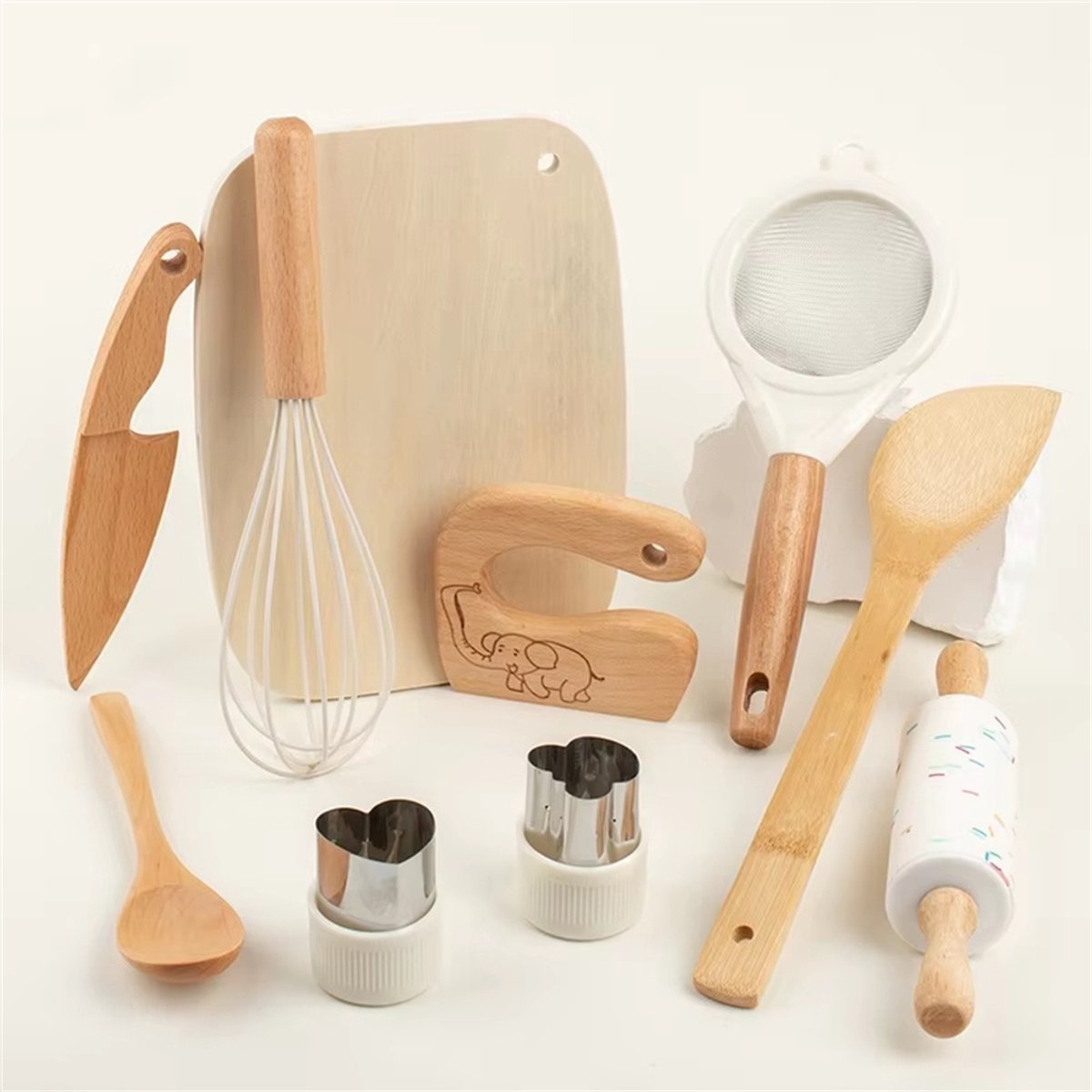 10-delige houten keukengereedschapset voor peuters, houten kinderveilige messen, educatief speelgoed, kinderbakset voor echt koken, Montessori keukengereedschap voor jongens en meisjes, rollenspel voor kleine chef-koks — afbeelding 8