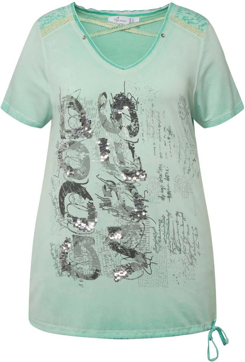 MIAMODA - Dames - T-shirt V-hals met decoratieve bandjes halve mouw - Pastelgroen - Maat 50