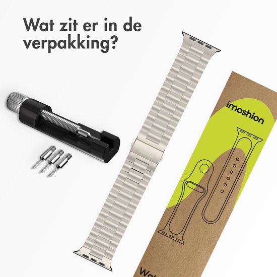 Zilverkleurig metalen bandje, een gereedschap om de maat aan te passen en verpakking.