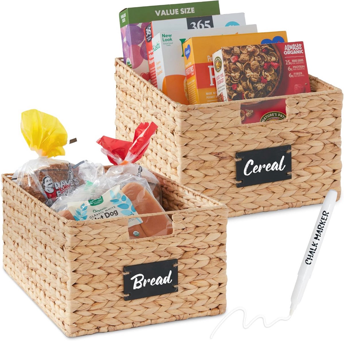 Set van 2 Opbergmanden van Waterhyacint 40,6 x 30,5 cm met Handgrepen en Krijtbordlabel
