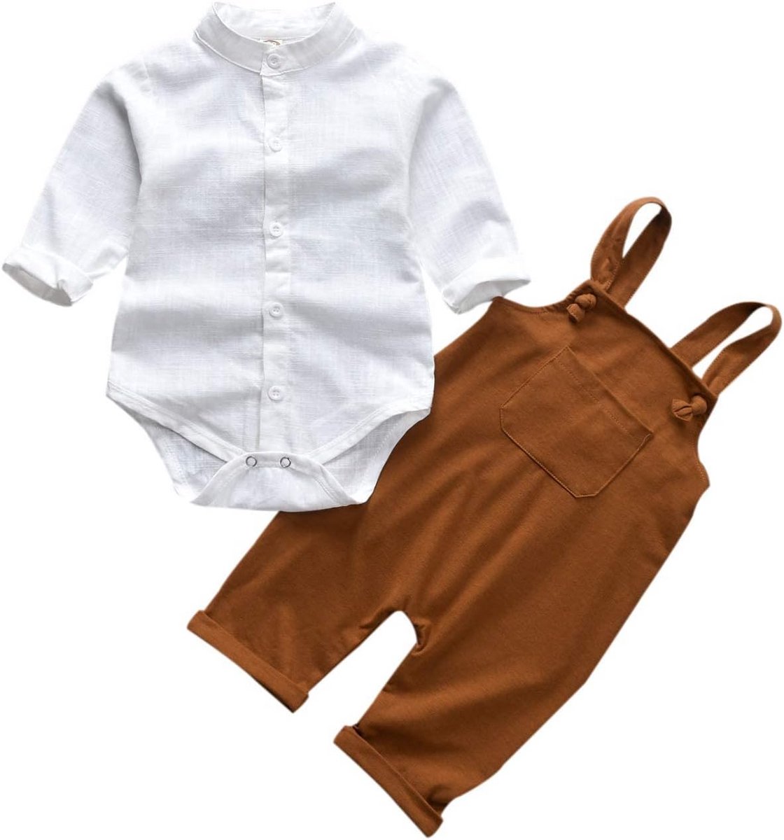 Schattige Baby Jongen Set: Witte Romper met Lange Mouwen, Jarretels en Harembroek