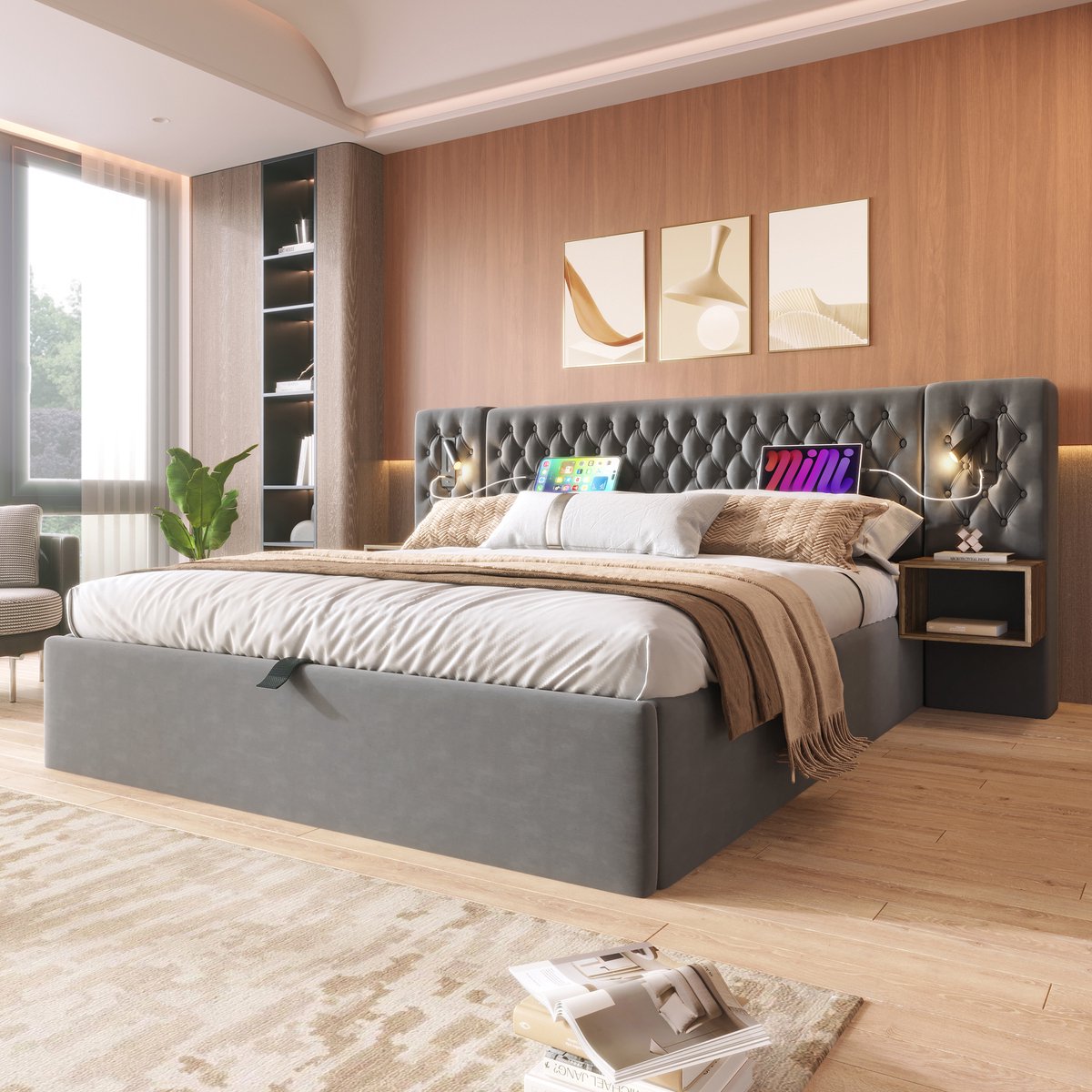 HAUSS SPOLE Gestoffeerd Bed 160x200cm - Tweepersoonsbed Met Hydraulische Opbergruimte En 2 Nachtkastjes Met USB En Type-C Oplaadpunt - Fluweel - Grijs - Met matras