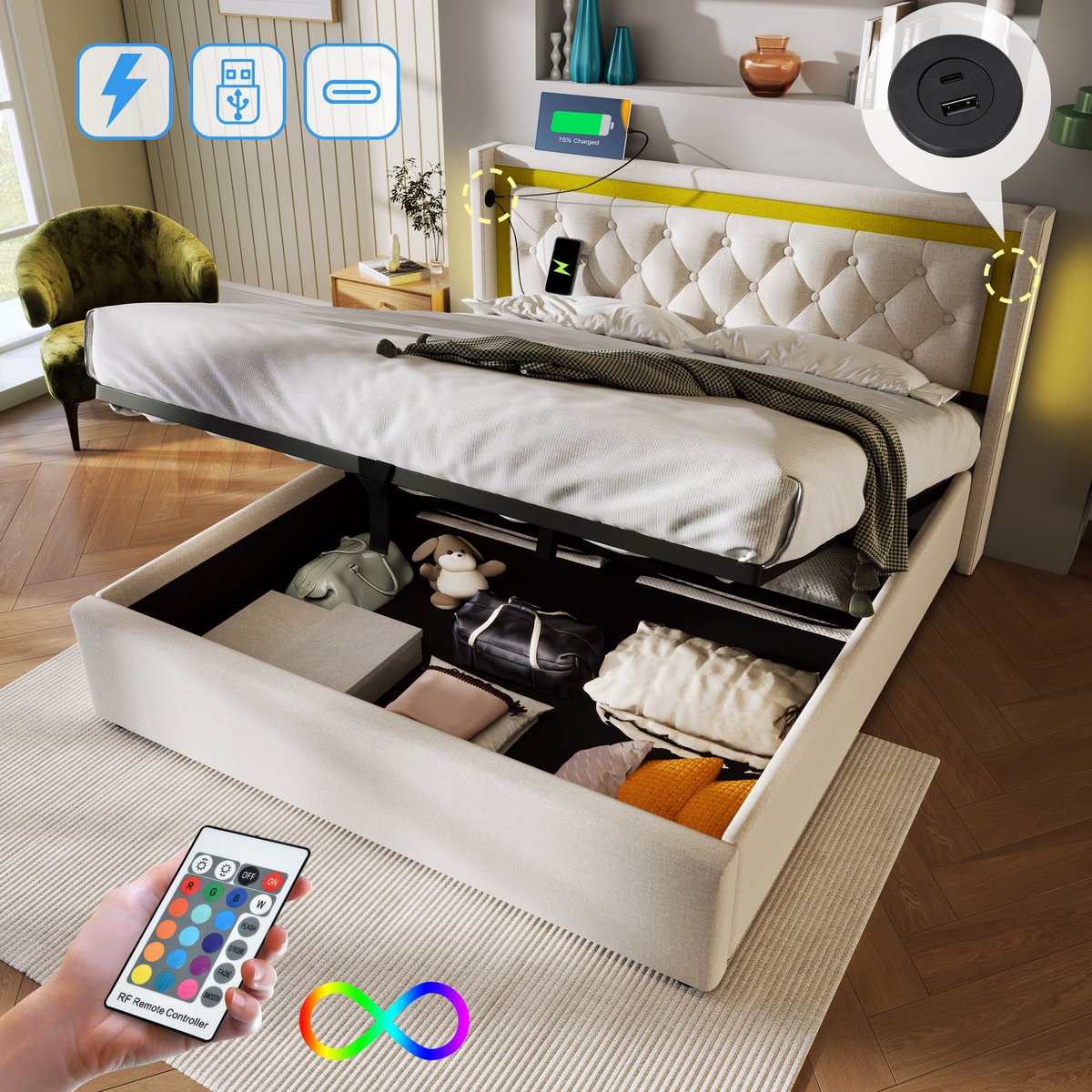 HAUSS SPOLE Gestoffeerd Bed 140x200cm - Tweepersoonsbed Met LED En USB en Type-C - Met Gaslift Opbergruimte - Metaal en Katoen - Beige - Zonder matras