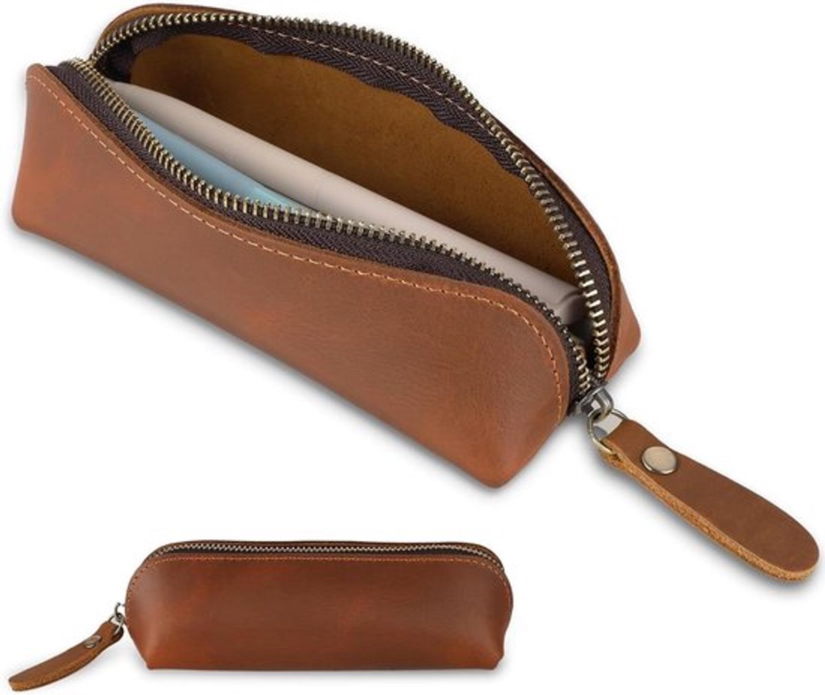 Echt generfd leren pennenetui met ritssluiting - donkerbruin - 18.5x7x6cm - handgemaakt - voor mannen en vrouwen