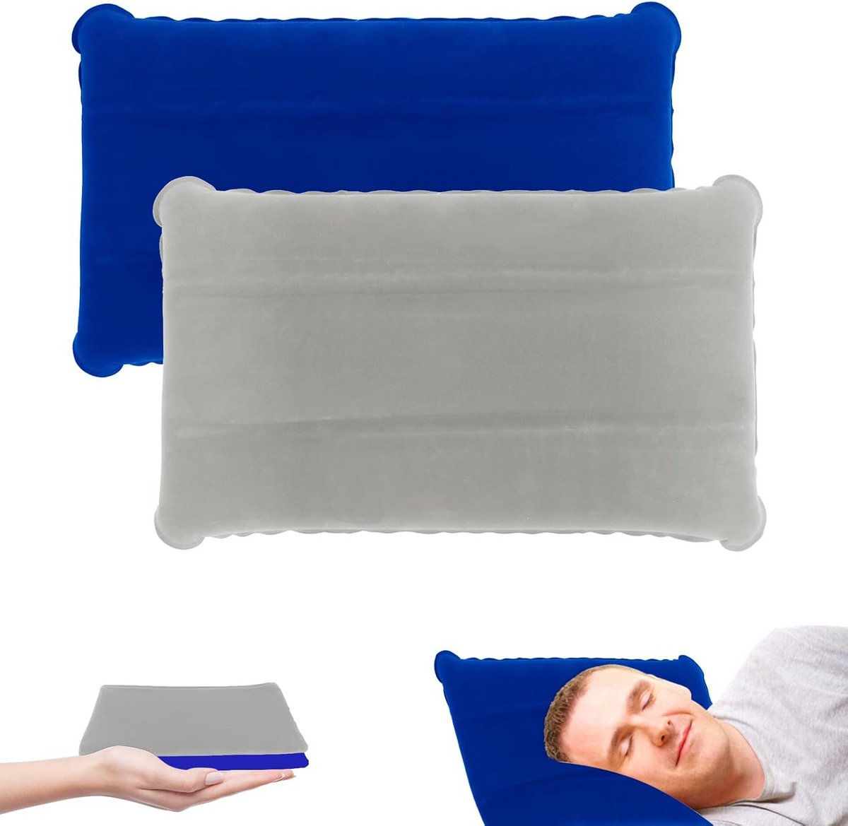Opblaasbaar kussen voor strand en water – ergonomisch campinghoofdkussen – lichtgewicht reiskussen voor outdoor, wandelen, camping, zwemmen en watersporten – blauw + grijs – 2 stuks