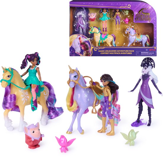 Unicorn Academy speelgoed set met poppen, eenhoorns, een trol en feeën, met de verpakking linksboven.