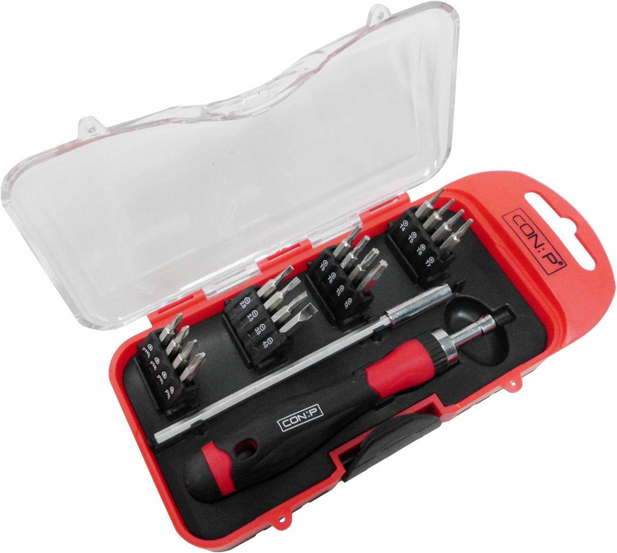 18-delig Fijnmechanisch Bitsysteem - Veerkrachtig Chrome Vanadium Staal - Ratselschroevendraaier met 2-component Handvat en 120mm Verlengstuk - Inkl. Sleuf-, Kruiskop- en TX Bits - Plastic Opbergbox