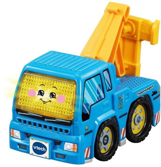 Blauwe takelwagen met gele kraan. De voorruit heeft een gezichtje met blosjes en open ogen. "Tekelwagen" staat op de zijkant.