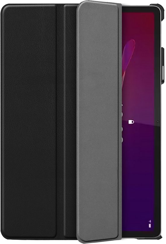 Housse de tablette noire, design livre à trois volets, avec écran partiellement ouvert.
