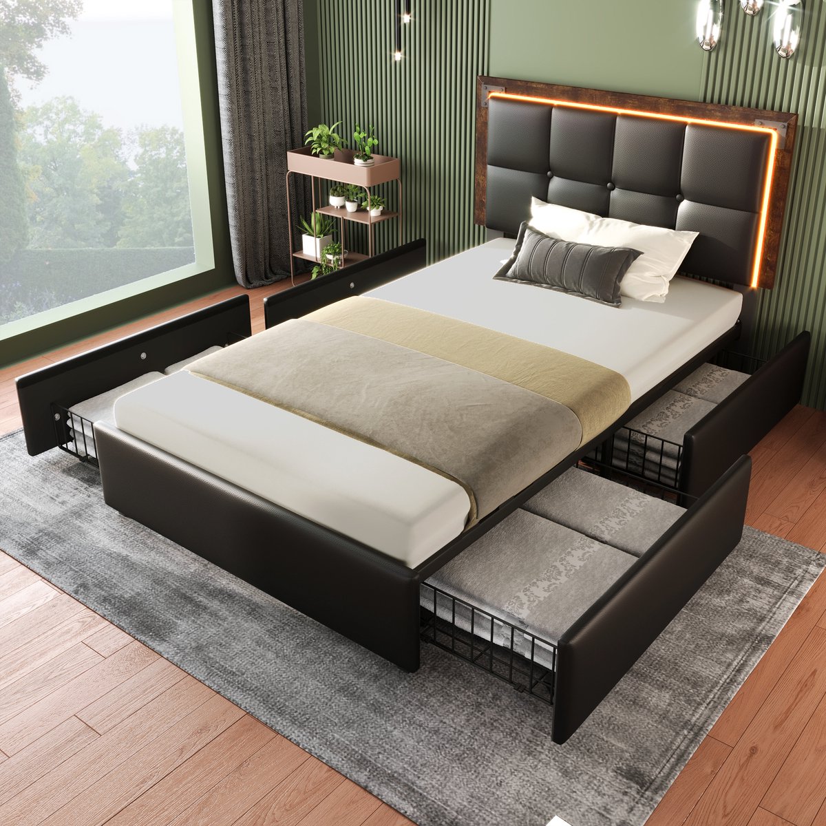 MODFU Polsterbed 90x200 cm met LED‑verlichting, 4 lades, verstelbaar hoofdeinde 17–27 cm, PU zwart, veel opbergruimte