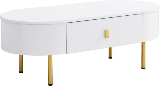 Table basse MODFU avec 2 tiroirs, poignées dorées, angles arrondis, plateau en bois et pieds en métal.