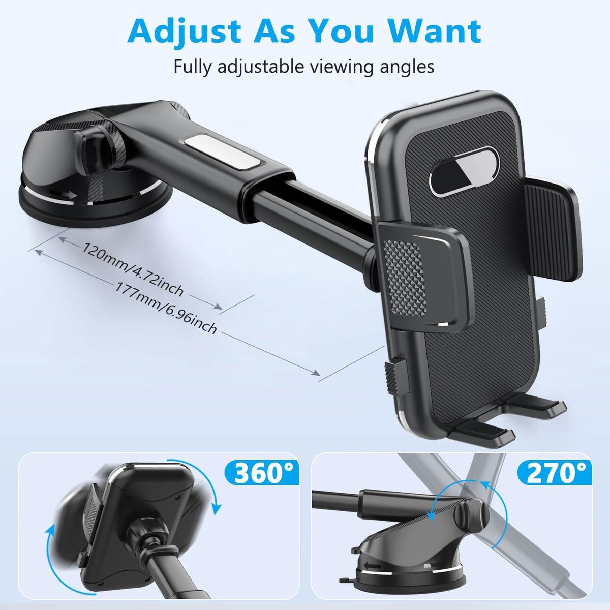 2-in-1 autotelefoonhouder met zuignap, te bevestigen aan dashboard en voorruit - Telefoonhouder - Autotelefoonhouder - Telefoonstandaard - Universeel en verstelbaar - Past op alle telefoons - Zwart – foto 3
