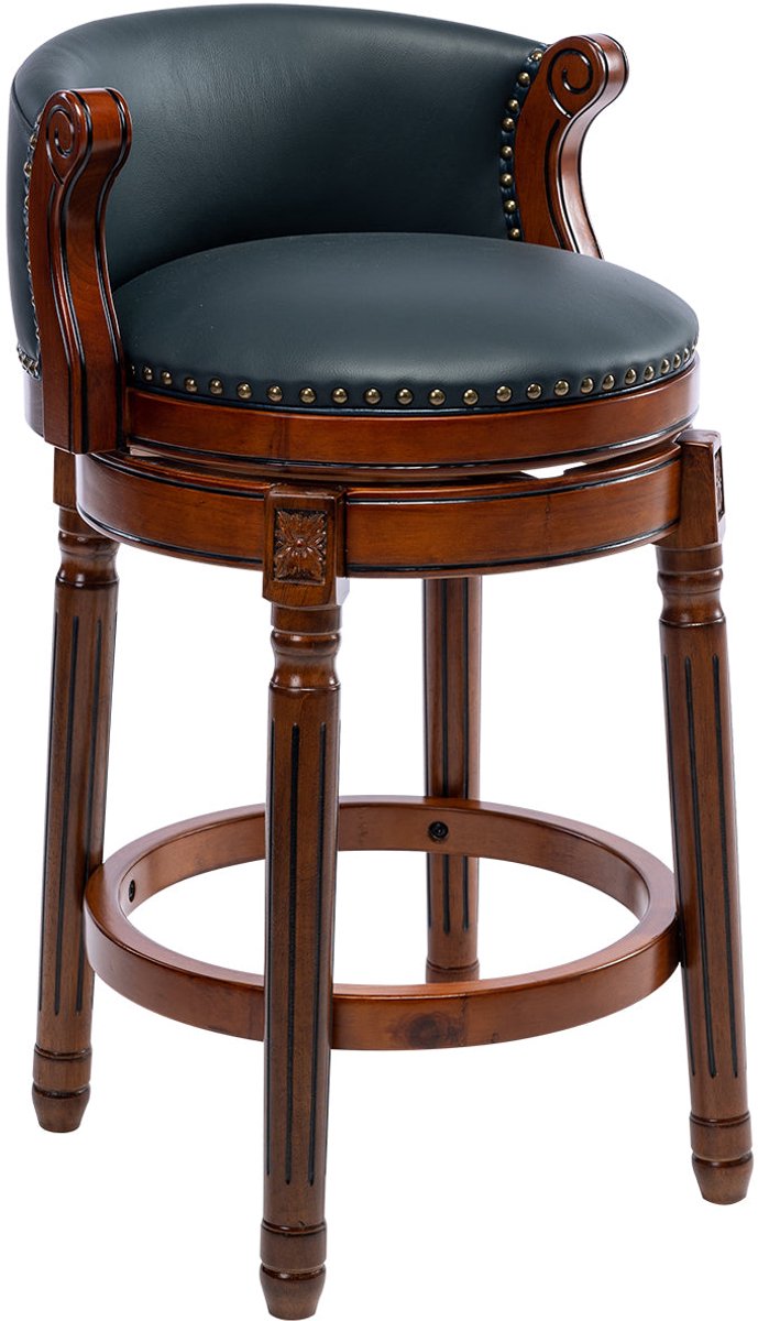 Merax Luxe Houten Barstoel – 360° Draaifunctie – Echt Leren Barstoel met Rugleuning – Comfortabele Aanrechthoogte Kruk voor Keuken – Eetkamer – Bar – Blauw