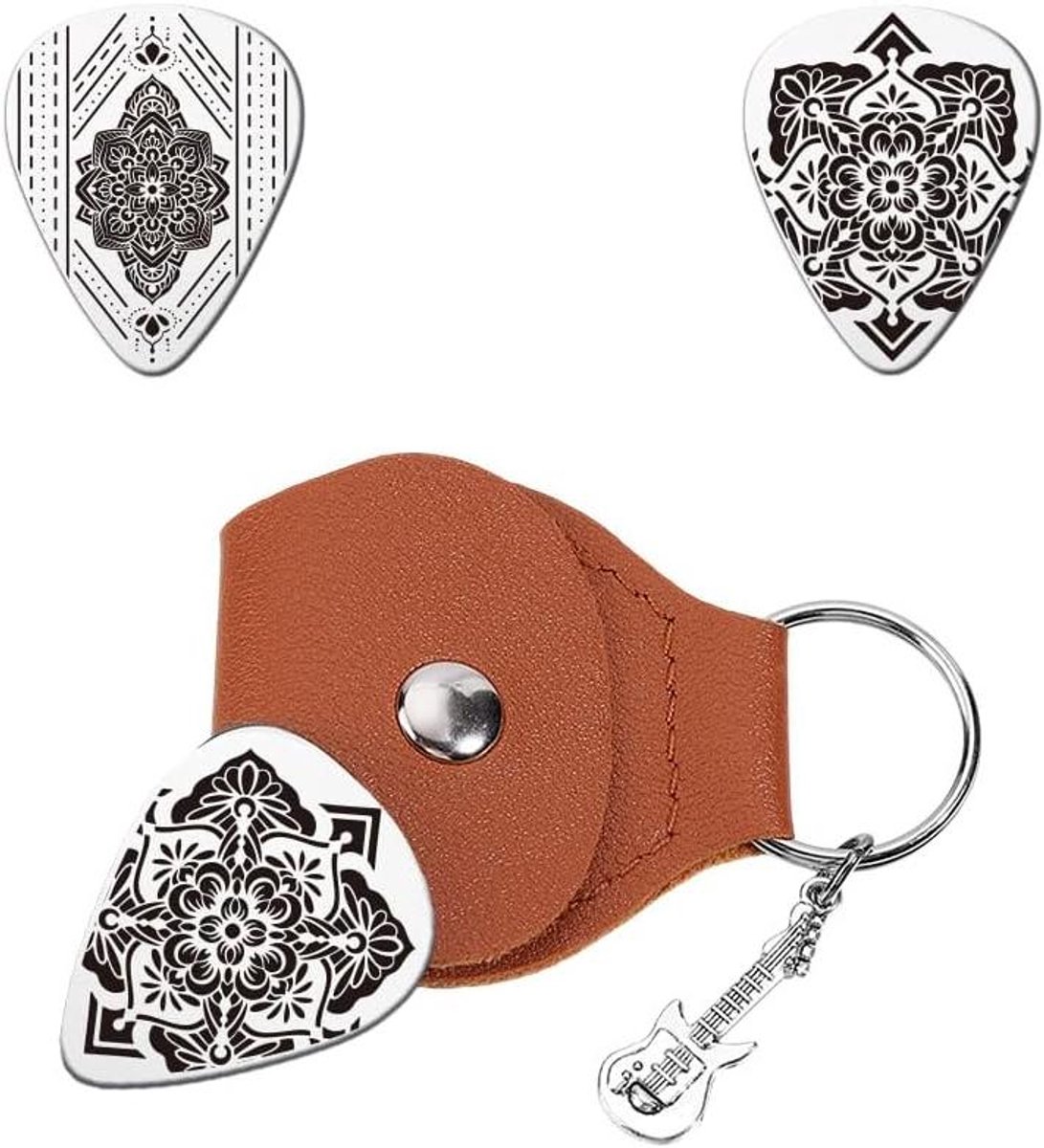 TTGoods - Gepersonaliseerde Gitaar Picks Set voor Speler Verjaardag - Mandrake Sleutelhanger - Rvs en PU Lederen Case