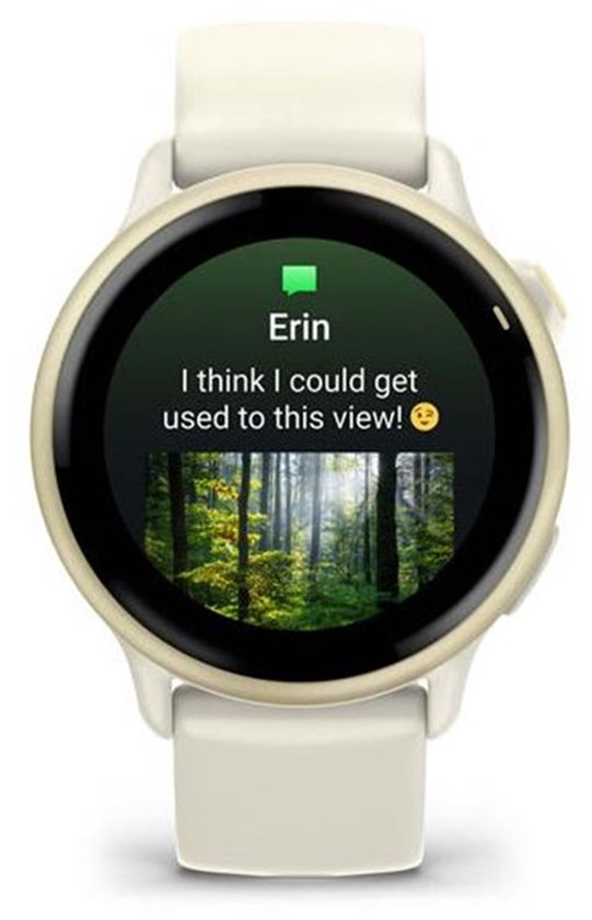 Gouden smartwatch met wit bandje. Berichten-app met tekst 'Erin: I think I could get used to this view!'.