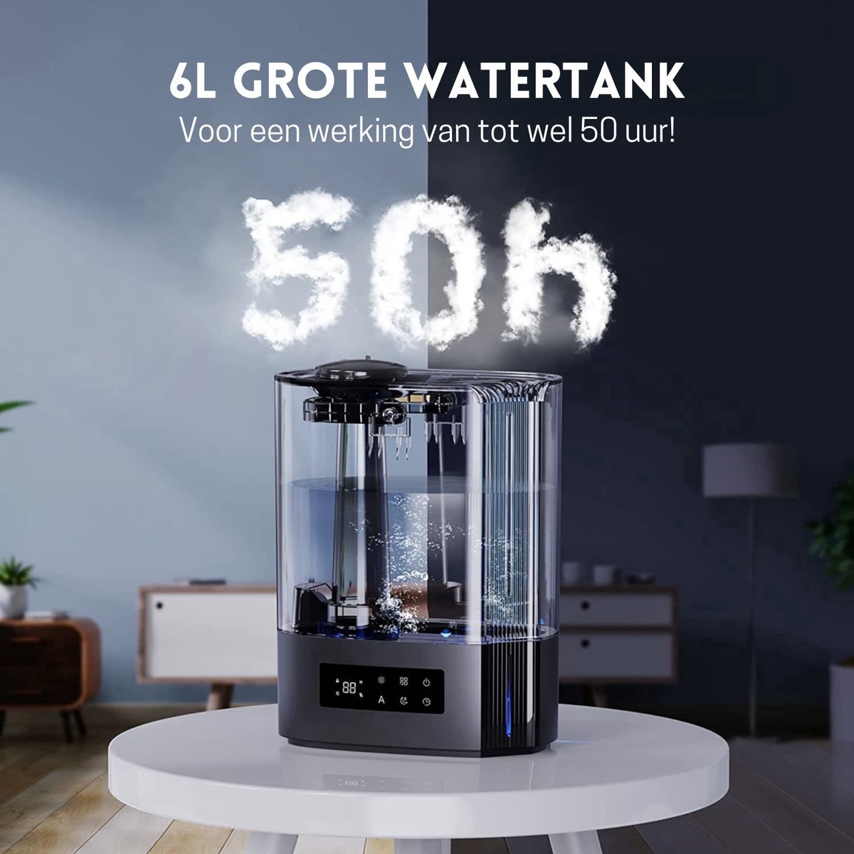 Luchtbevochtiger 6 liter - ultrasoon - stille werking - timerfunctie - zwart - automatische uitschakeling thumbnail 2