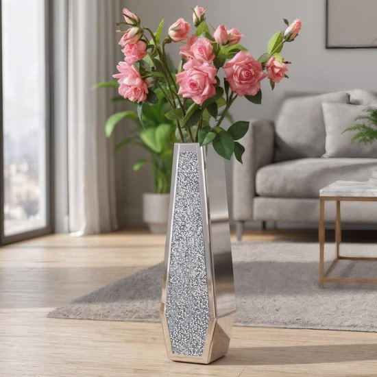 Signature Crystal Bloem Vaas - Verpletterd Diamant Gespiegelde Zilver Glas Decoratieve Spiegel - Grote Maat 38 cm Luxe voor Home Decor - Sparkle Diamant Vorm Signature Crystal Bloem Vaas - Verpletterd Diamant Gespiegelde Zilver Glas Decoratieve Spiegel - Grote Maat 38 cm Luxe voor Home Decor - Sparkle Diamant Vorm
