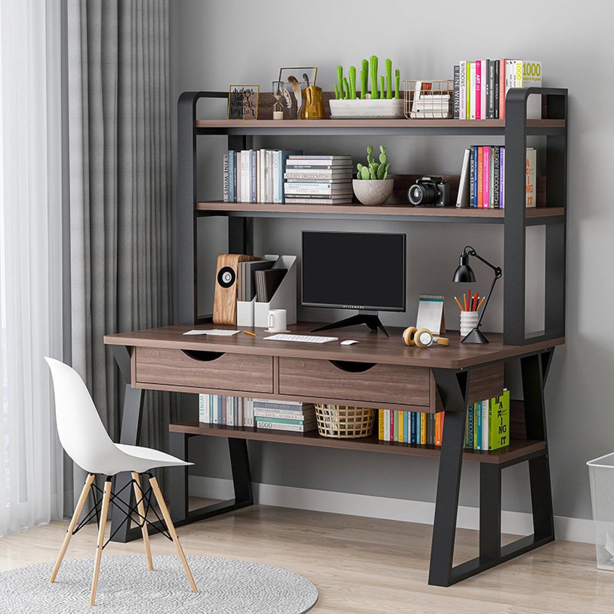Compact Industrieel Computerbureau met 2 Lades en Opbergplanken – Modern Houten Bureau 80 cm voor Thuiswerkplek, Laptop of Studie – Ruimtebesparend Kantoor Bureau Zwart/Bruin – Novihome