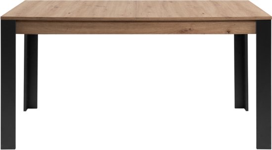 Eettafel van artisan eikdecor met zwart metalen poten, in gesloten toestand.