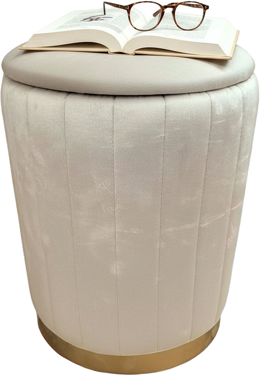 Poef met opbergruimte - Ø 32 cm - fluweel - beige
